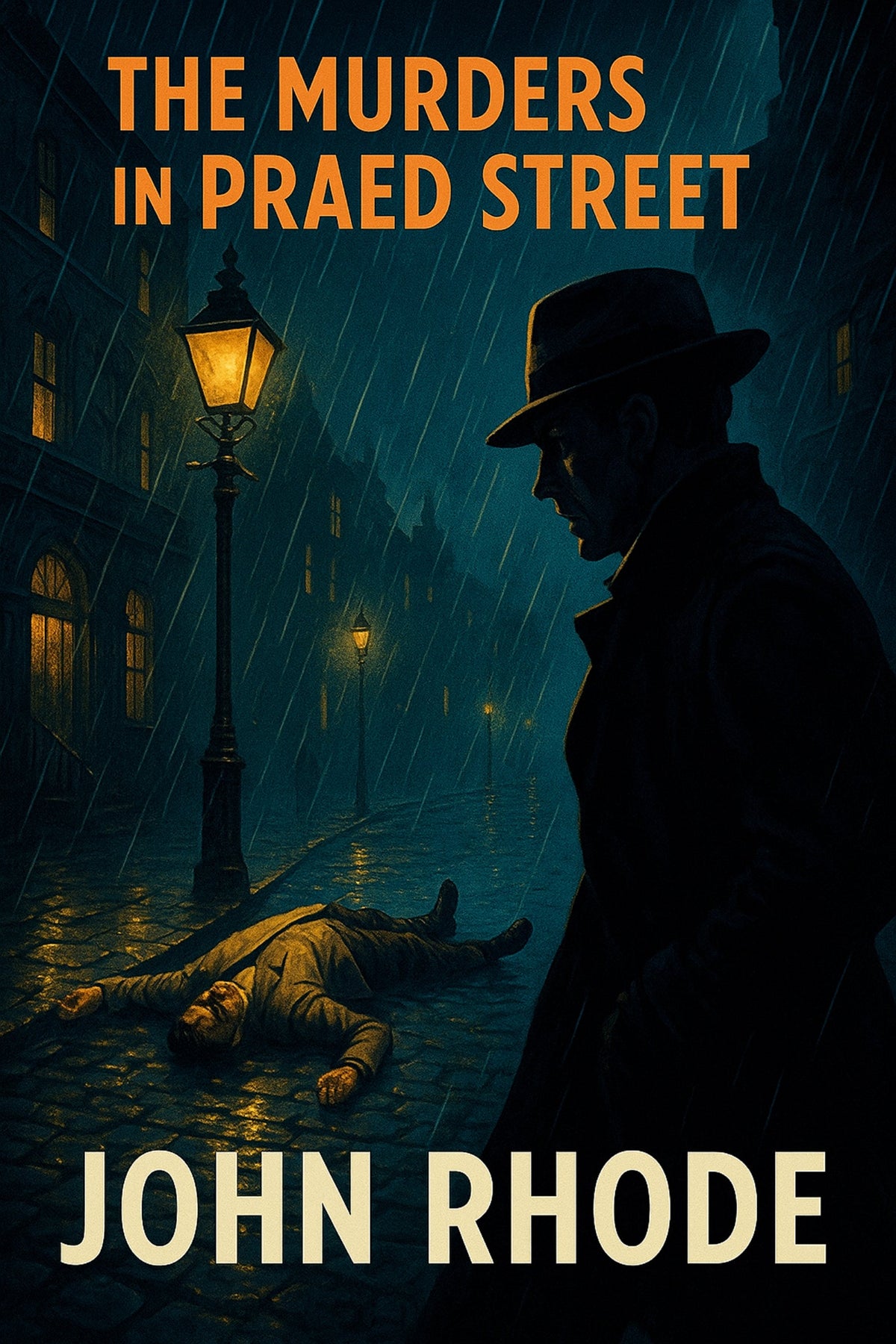 Book cover featuring a dark, rainy urban scene with a silhouetted figure looking down at a man lying dead in the street, face-up on the wet cobblestones beneath a glowing street lamp.