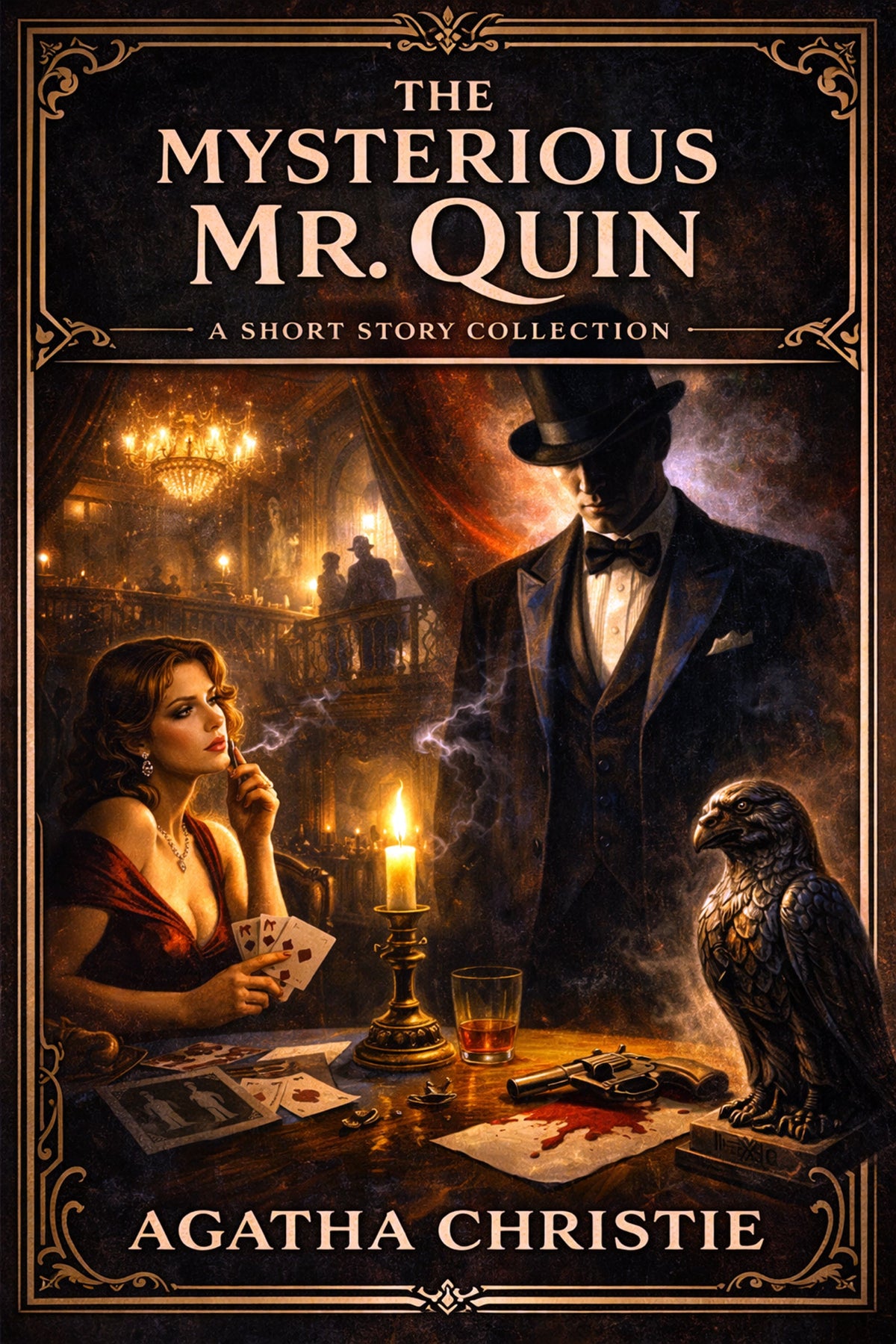 Book cover featuring a shadowy man and a glamorous woman playing cards at a blood-soaked blackjack table in a smoky, dimly lit casino.