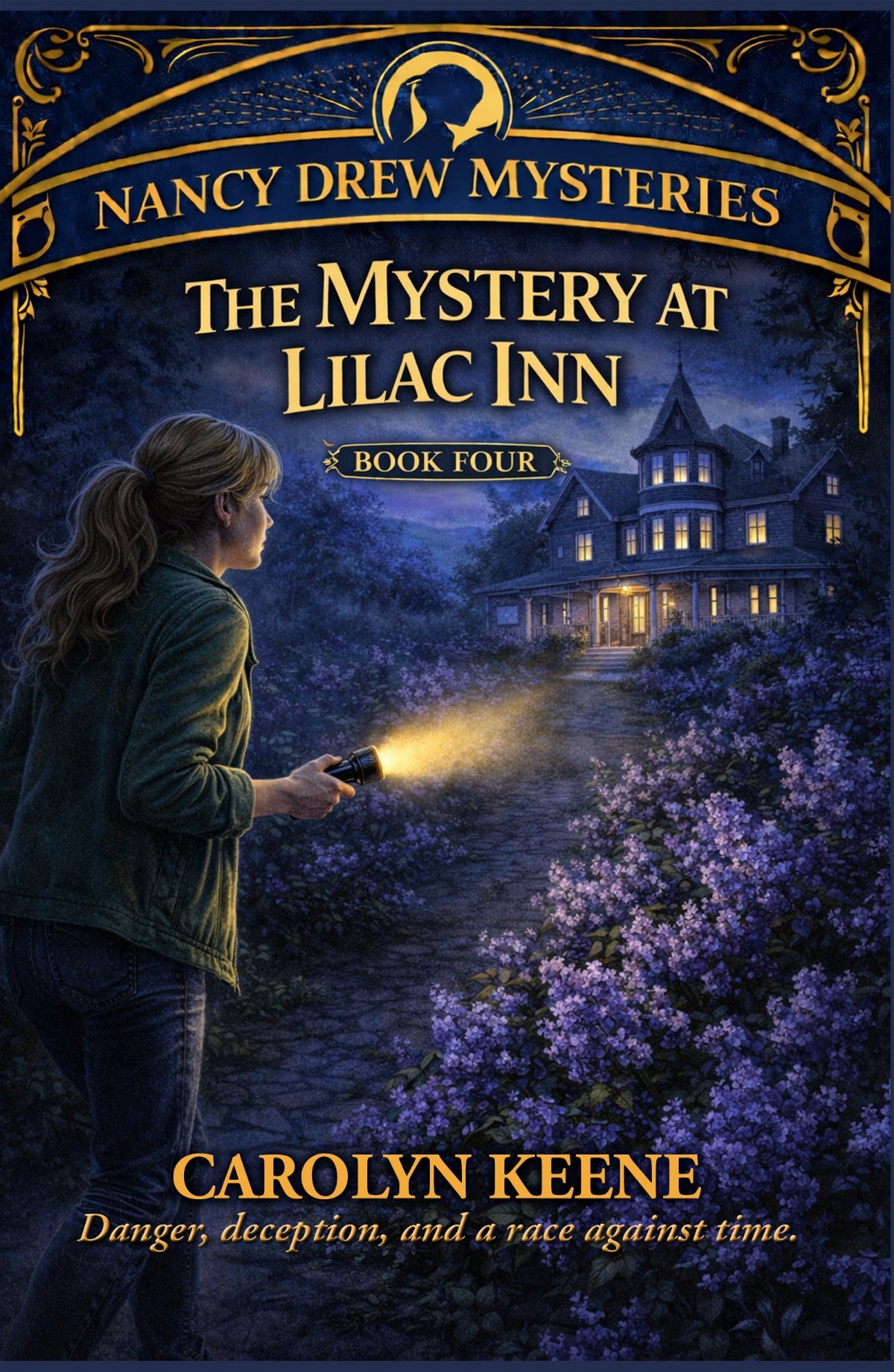 Book cover depicting a young girl detective with a flashlight illuminating a dark garden path that leads between bushes of purple flowers toward a spooky manor.