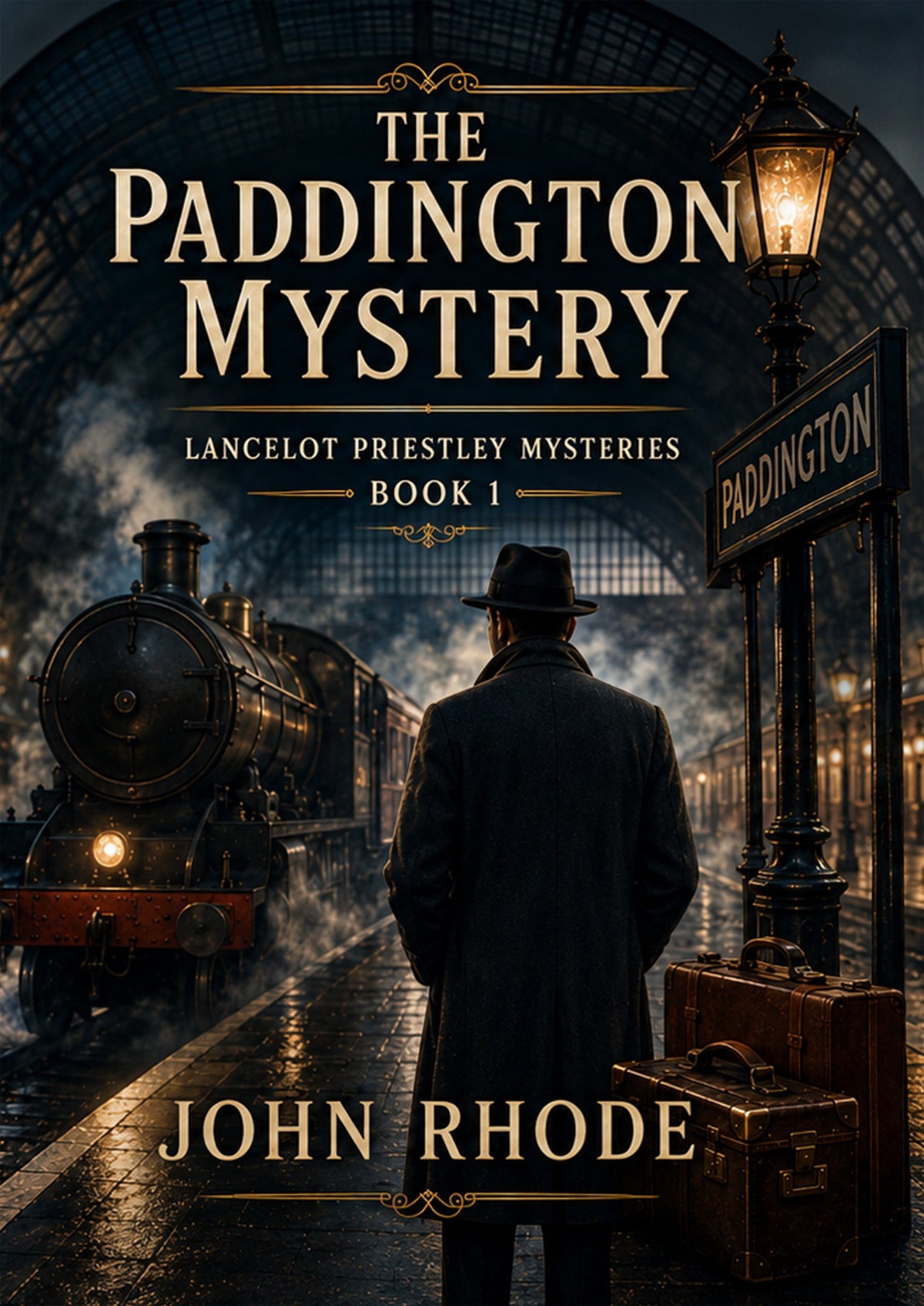 Book cover featuring a vintage steam train stopped at a platform under the large arched roof of Paddington station, with a mysterious man in a trench coat  in the foreground, facing away from the viewer.