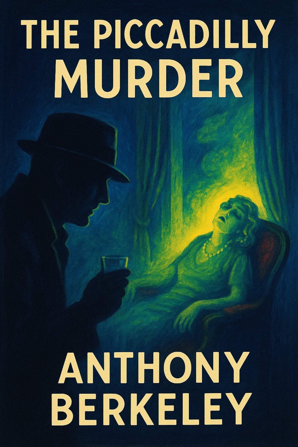 Book cover featuring a shadowy, silhouetted figure holding a glass near the body of a woman slumped in an armchair, her pale face illuminated by a radioactive green glow.