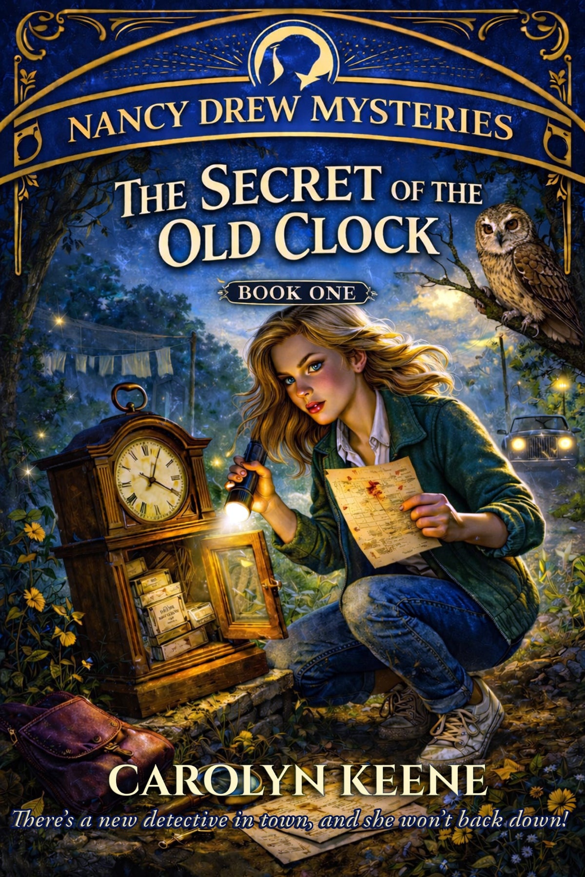 Book cover depicting a young girl detective holding a mysterious letter and a flashlight, crouching beside a glowing antique clock in a dark forest, an odd place for a clock to be.