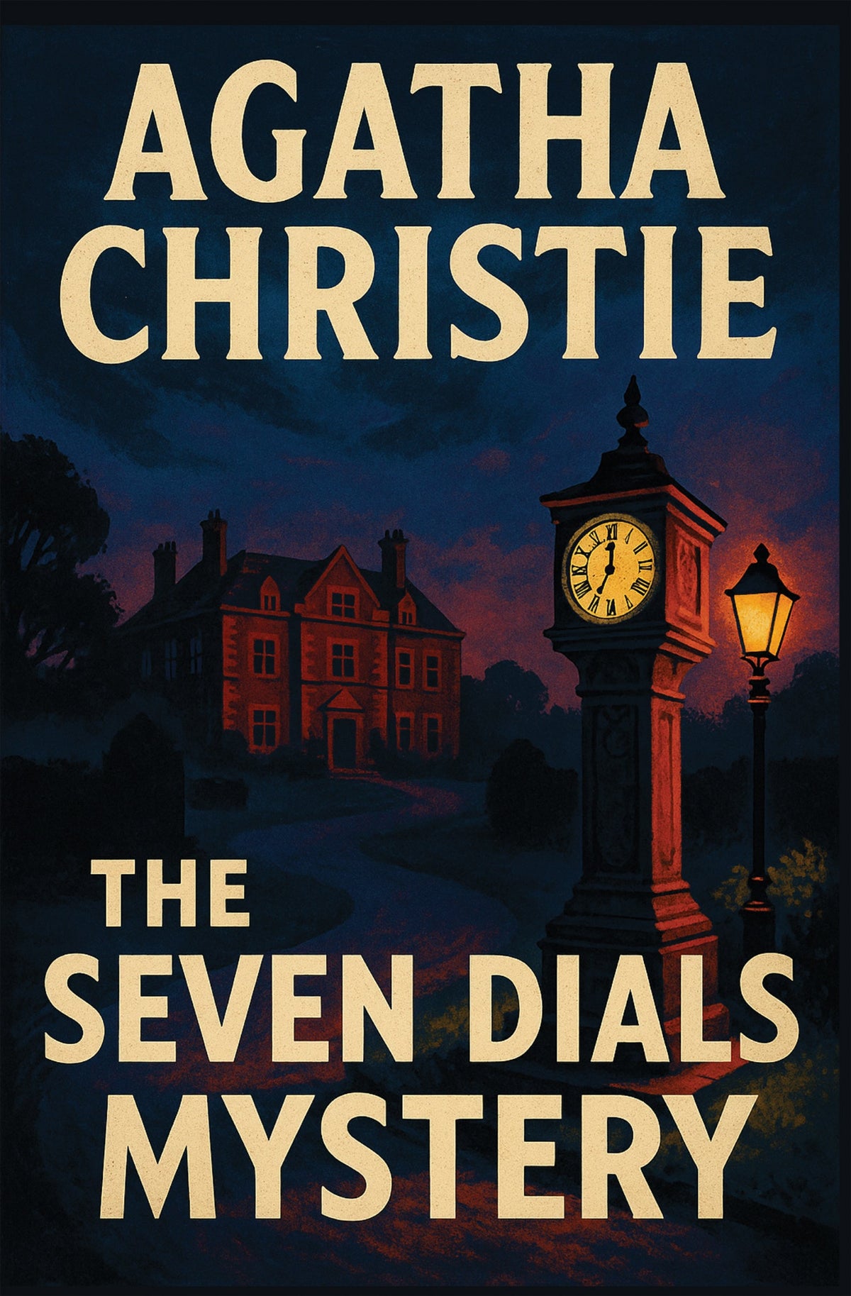 Book cover. A clock tower stands alone in the dark of night, the eerie light from its clock face glowing ominously.
