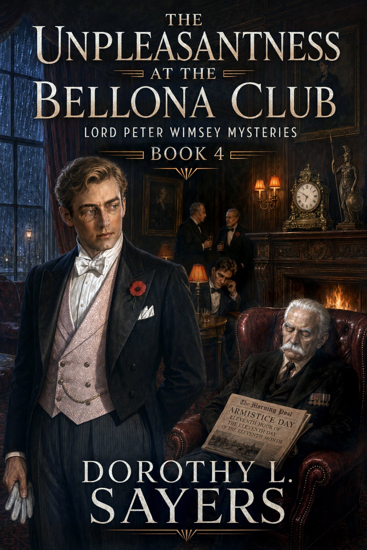 Book cover featuring a vintage illustration of a gentleman detective inspecting a pale general sitting in a leather armchair as if he were napping though he is clearly deceased.