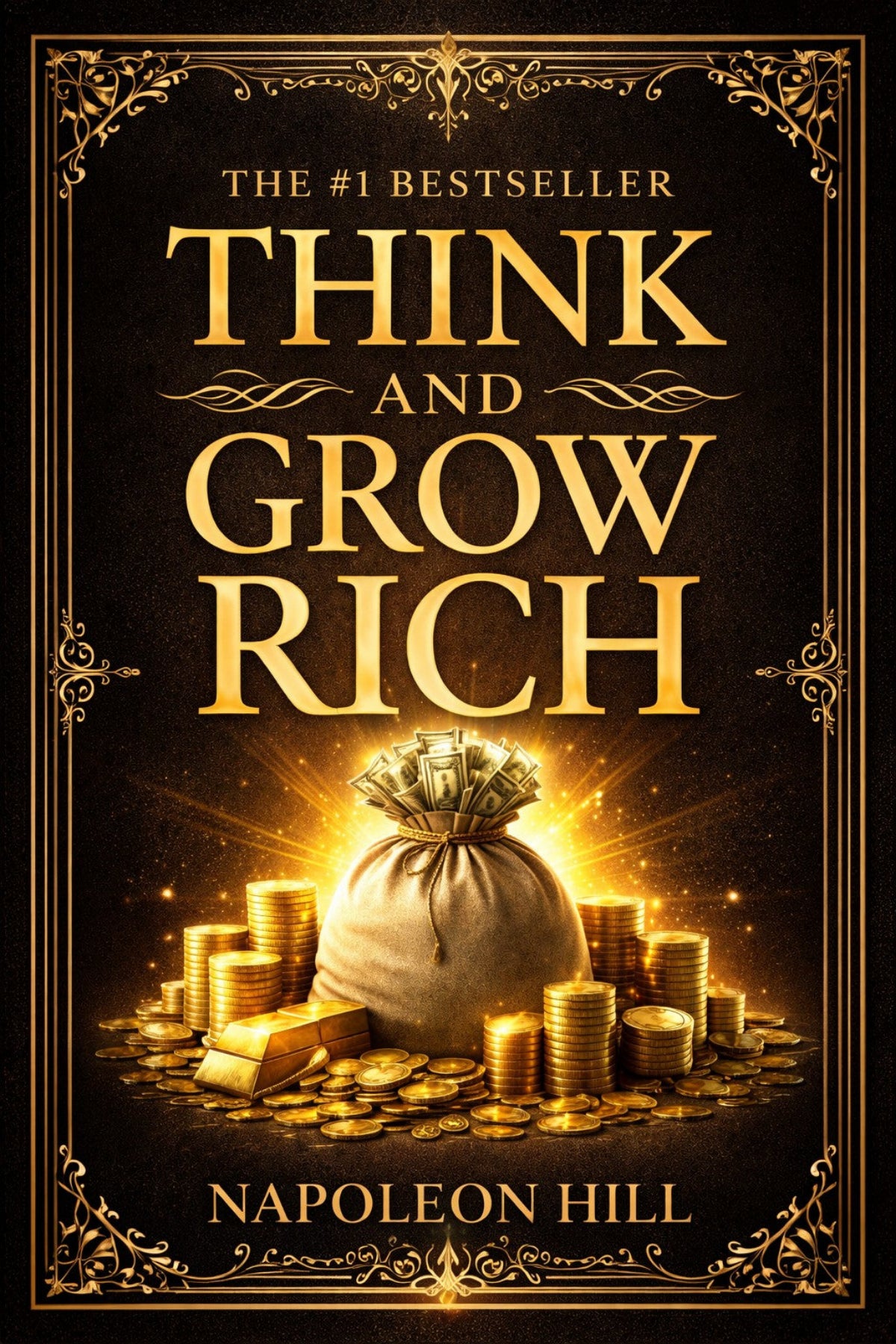 Book cover featuring a full sack of money, sitting among stacks of gold coins and abundant riches, manifested within an opulent, filigreed gold frame.