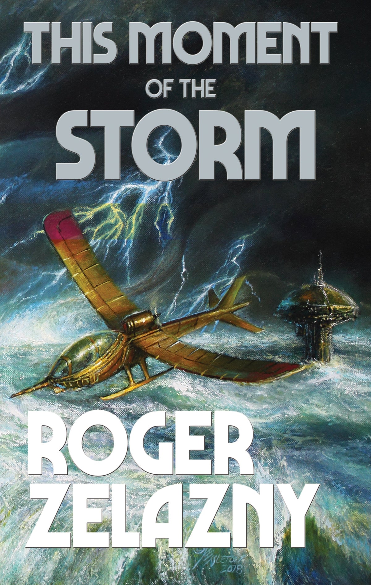Book cover featuring a one-man plane caught in a raging storm above a turbulent sea, a lightning flash revealing a futuristic looking island in the background.
