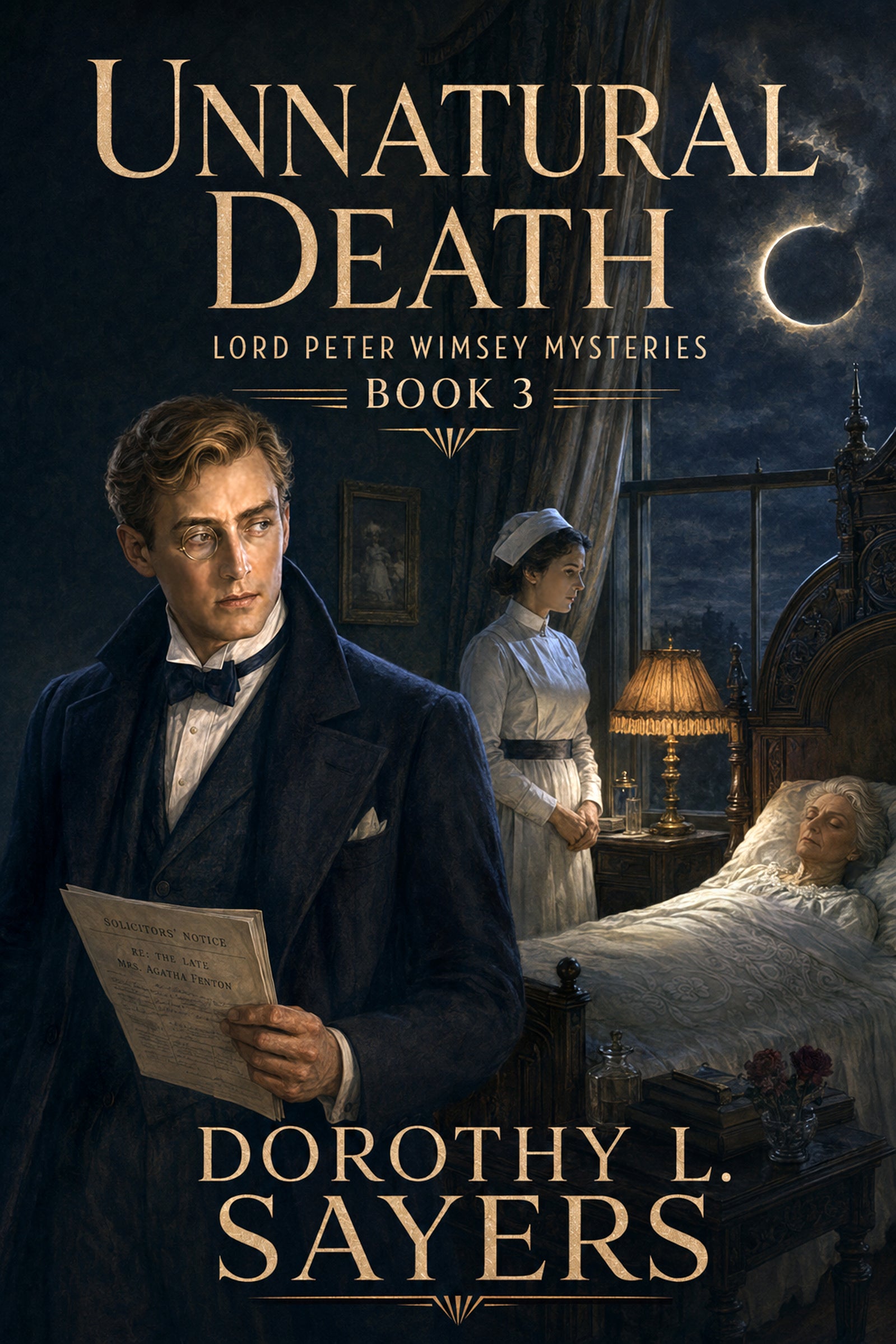 Book cover featuring an illustrated Victorian-era gentleman detective in a dark suit holding a letter in a dimly lit sickroom, where a nurse is attending an elderly patient who has passed away in bed, the light of a crescent moon casting eerie shadows across the scene.