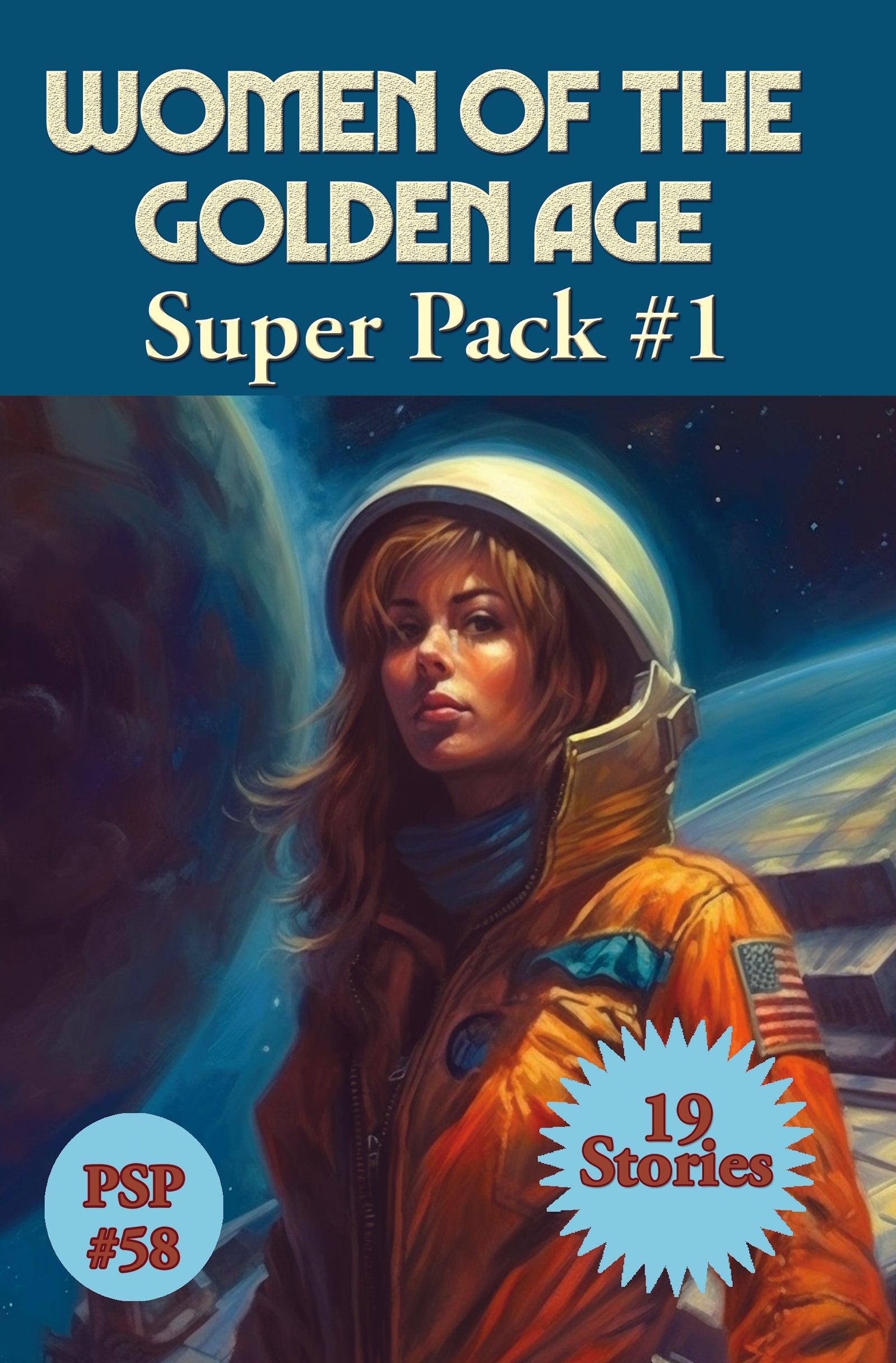 Portrait of a resolute female astronaut in an orange space suit, set against a celestial backdrop with planets and stars