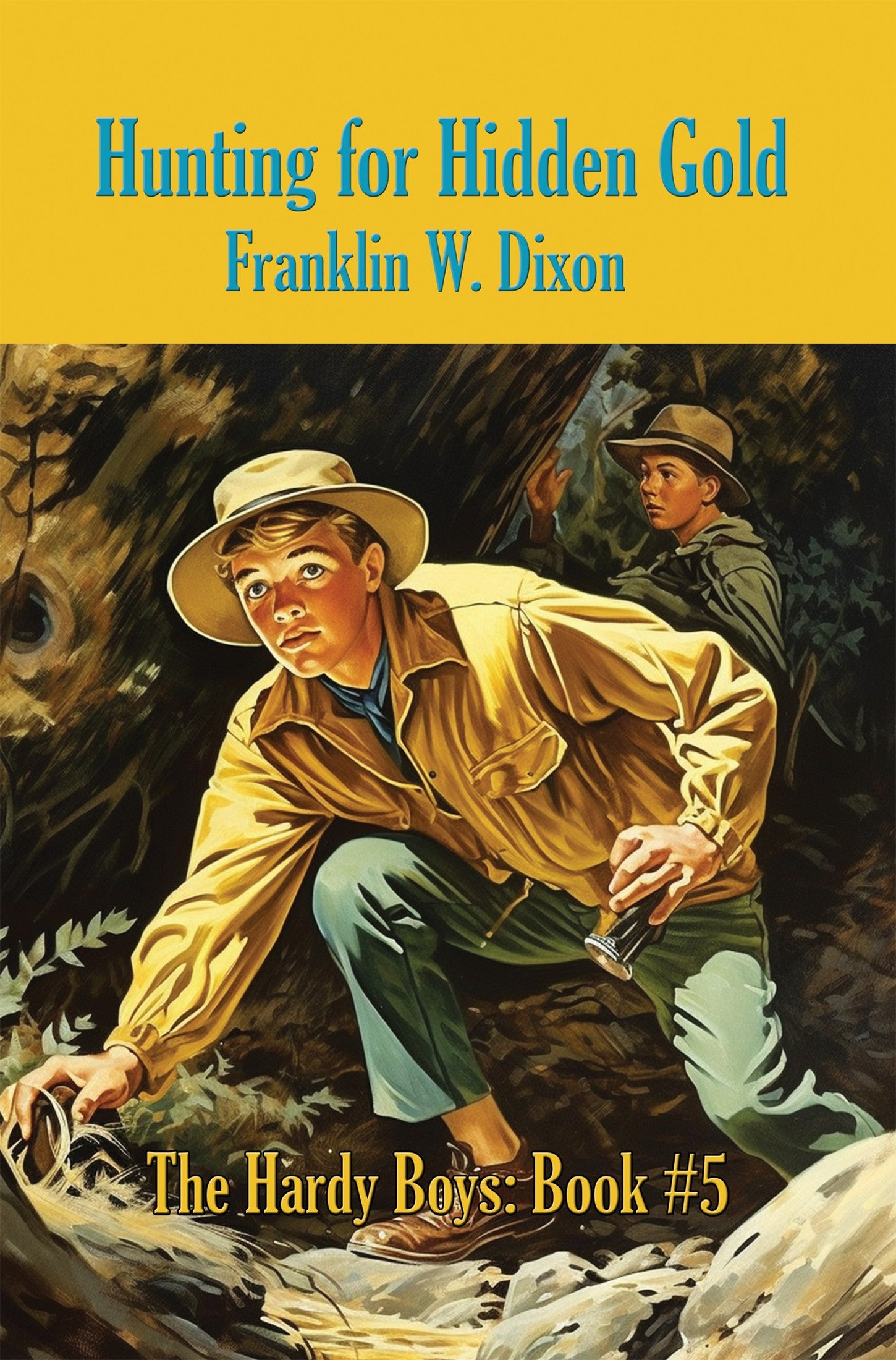 Illustration of two young explorers in vintage attire amid forest shadows, symbolizing adventure and discovery