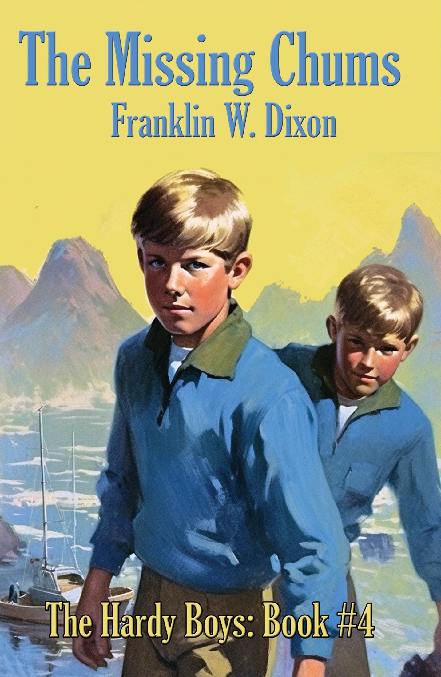 Illustration of two determined boys in matching blue tops against a pale yellow sky and misty mountain backdrop, with a sailboat on turbulent waters