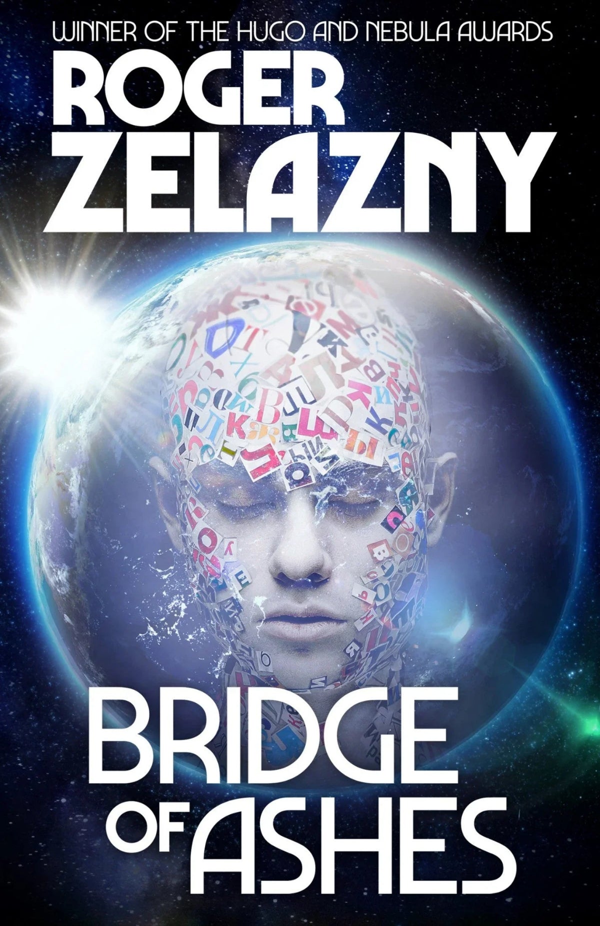 Book cover featuring a disembodied head floating in an orb of light, eyes closed and most of the face covered in scraps of cut paper arranged so that the letters look similar to a ransom note.