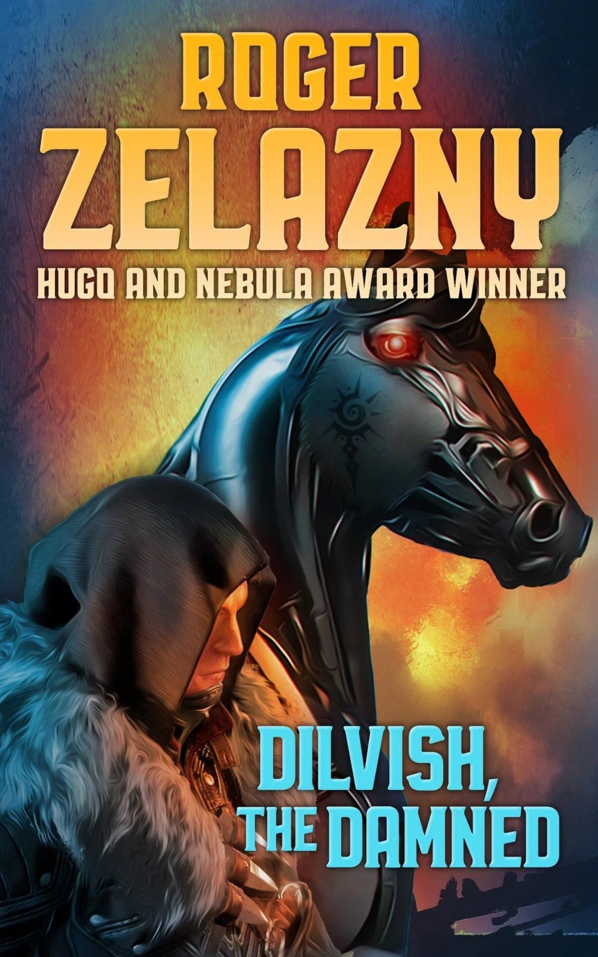 Book cover featuring a black, metallic horse with wild red eyes and flames billowing from flared nostrils, being handled by a mysterious man whose face is cloaked behind a raised, fur-lined hood.
