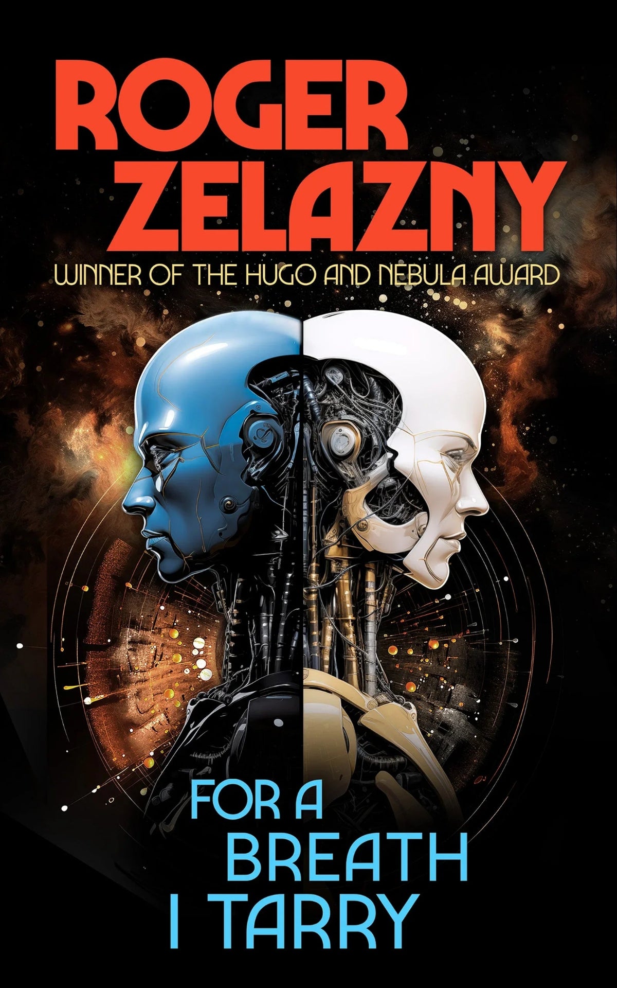 Book cover featuring two humanoid androids in profile, standing back-to-back and gazing opposite directions, the one facing west a deep blue and the one facing east a soft off-white.