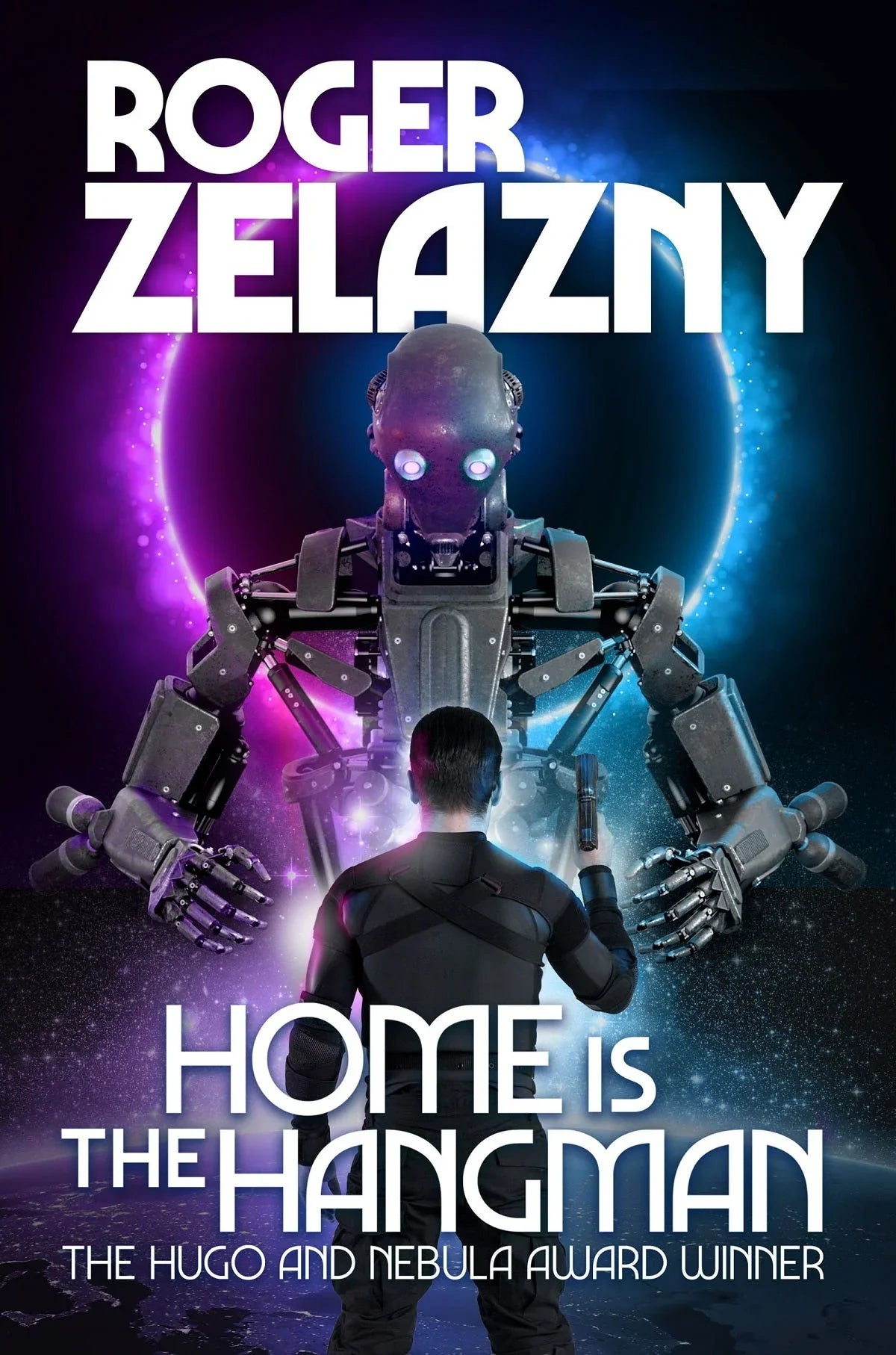 Book cover featuring an unsettlingly large robot hovering ominously before an armed man, both floating in the star-speckled vacuum of space.