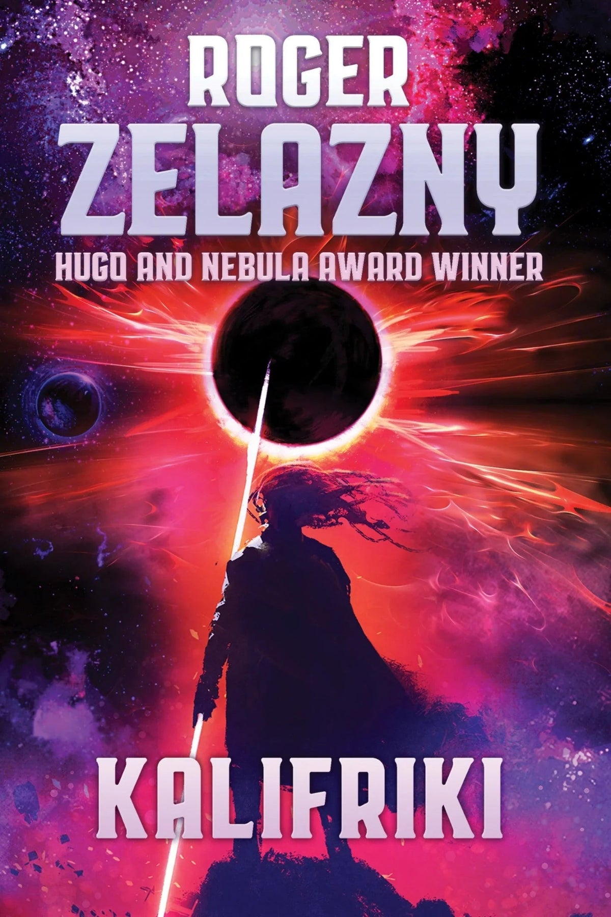 Book cover featuring a striking deep-space background filled with swirling nebulas surrounding the silhouette of a poised figure in the foreground: a warrior who wields a glowing, ethereal lance pulsing with energy, representing the formidable "Thread" weapon from the story.