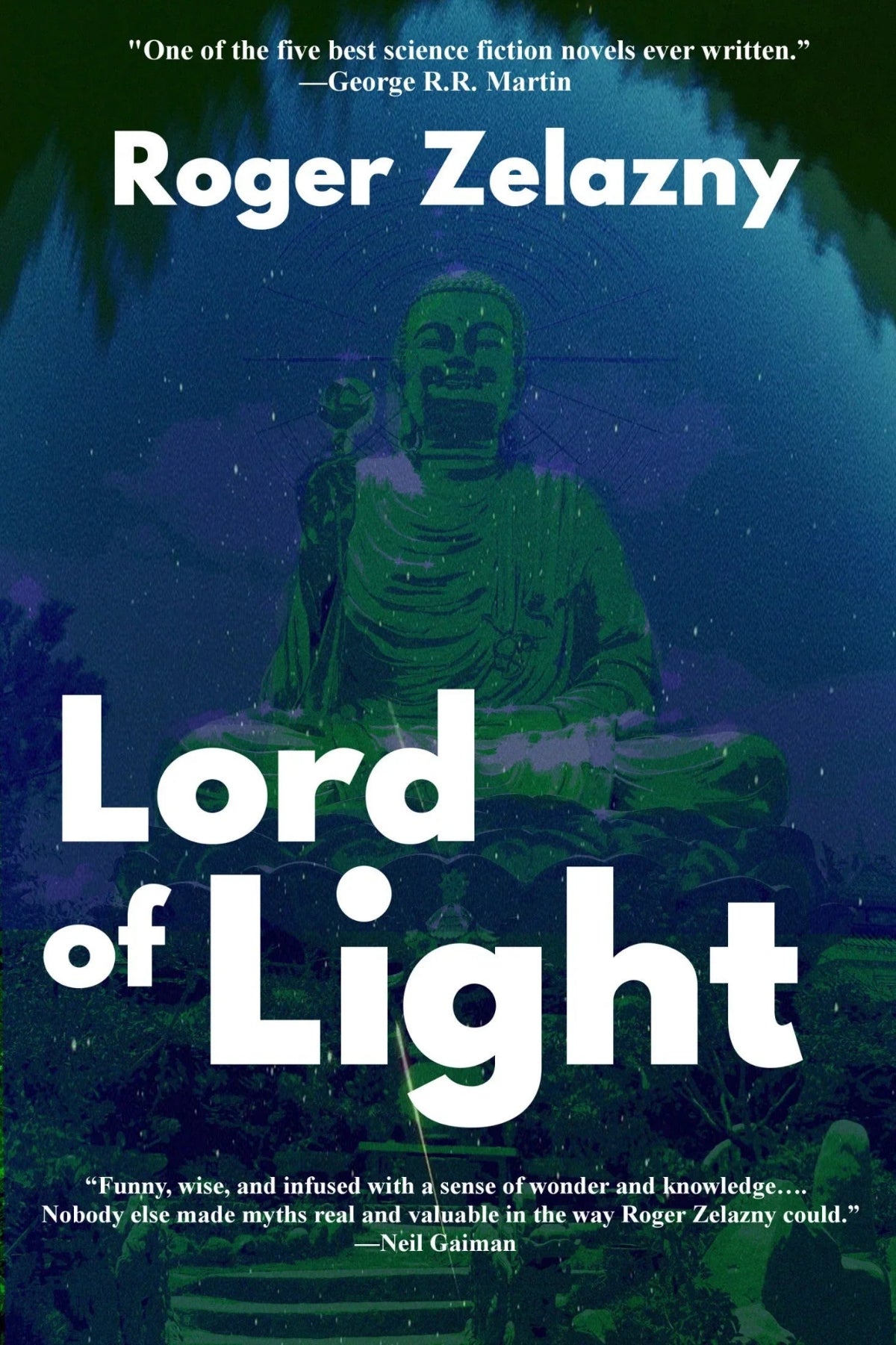 Book cover featuring the reflection of a seated Buddha in the still, blue-green waters of a murky pond.