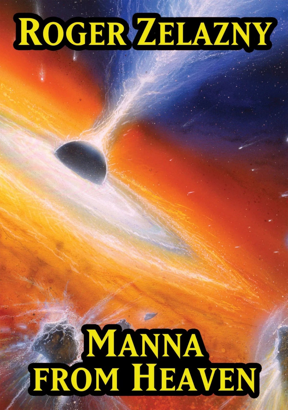 Book cover featuring a black hole; visually appearing as a disc of orange light swirling around a pitch black orb.