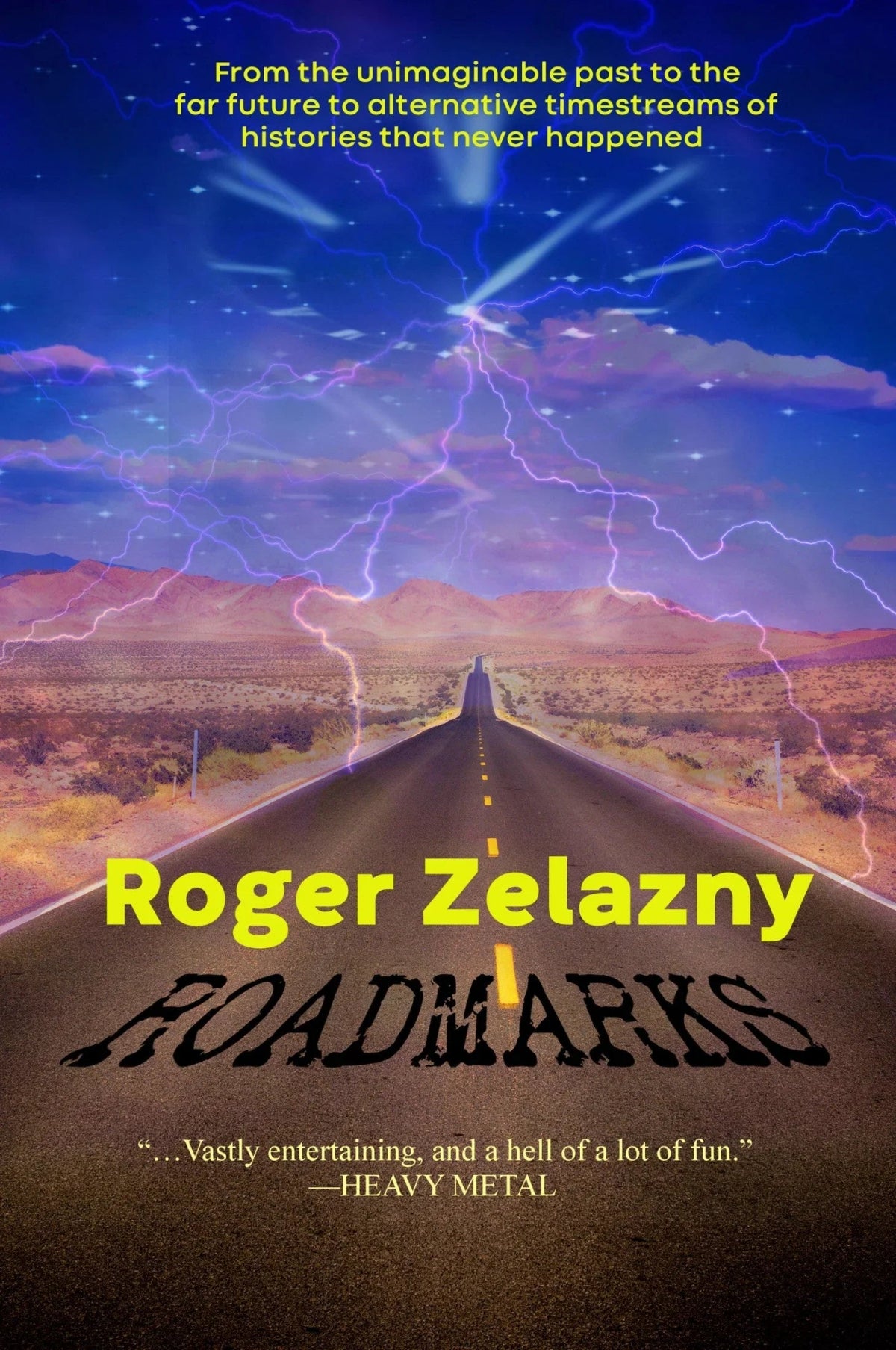 Book cover featuring a long asphalt road running straight through an endless desert, stretching onward past the horizon.