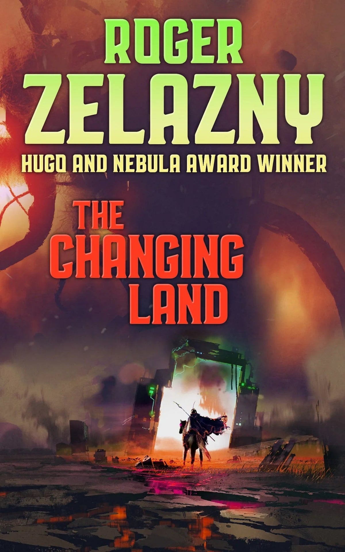 Book cover featuring a surrealist landscape shrouded in haze, with a faint silhouette of a mounted rider atop a black steed.