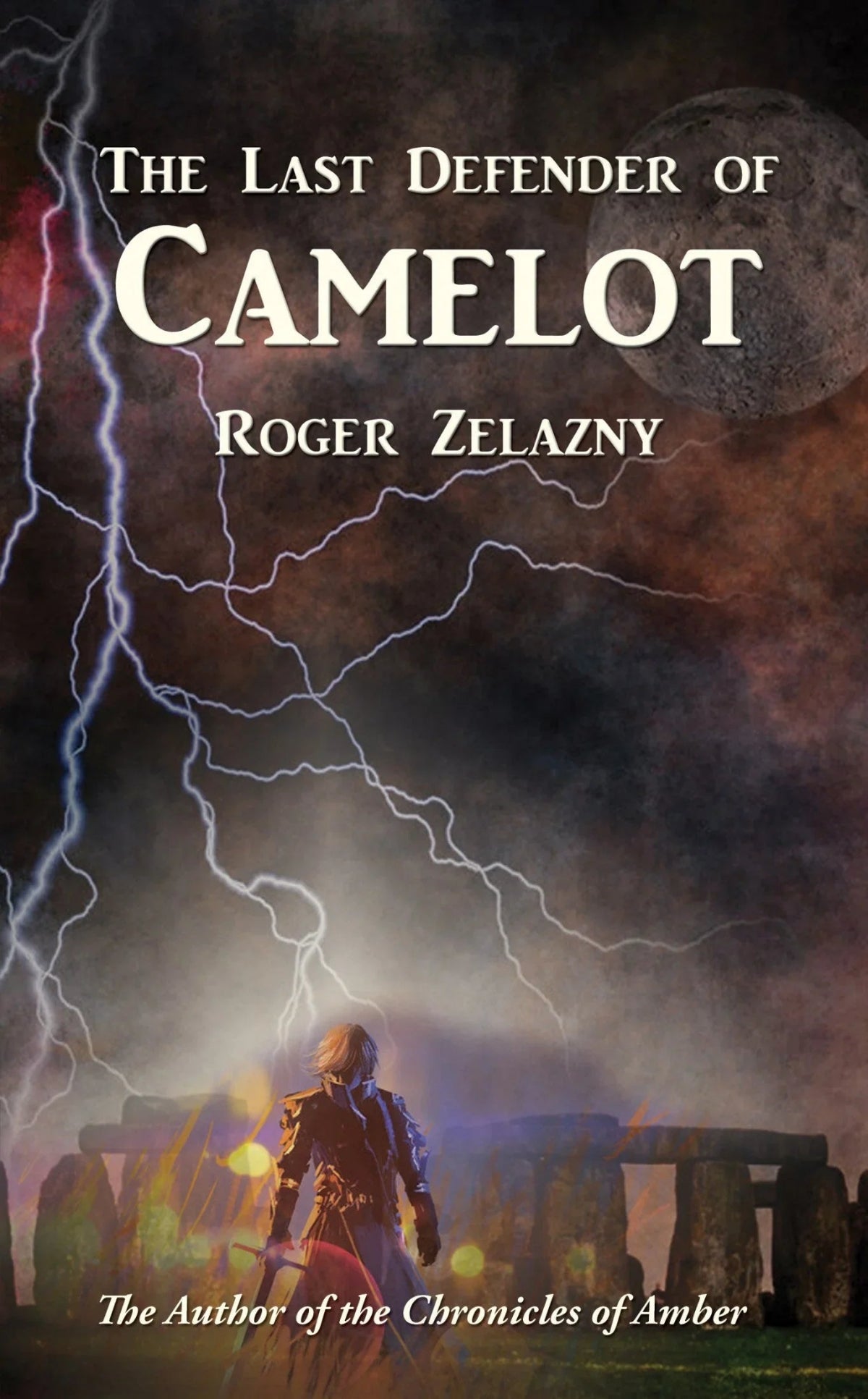 Book cover featuring a night scene of Stonehenge, with a jagged, electric-blue lightning bolt striking the ancient stones amid swirling indigo clouds, suggesting Arthurian magic.