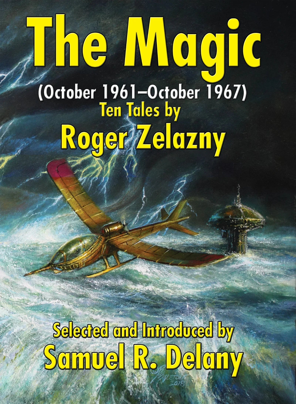 Book cover featuring a rusty-yellow seaplane navigating a turbulent, churning sea. Below the aircraft, heavy white seafoam crashes against dark, moody waves. Above, a dramatic, storm-filled sky is illuminated by jagged lightning bolts that strike near the plane's weathered metal wings.