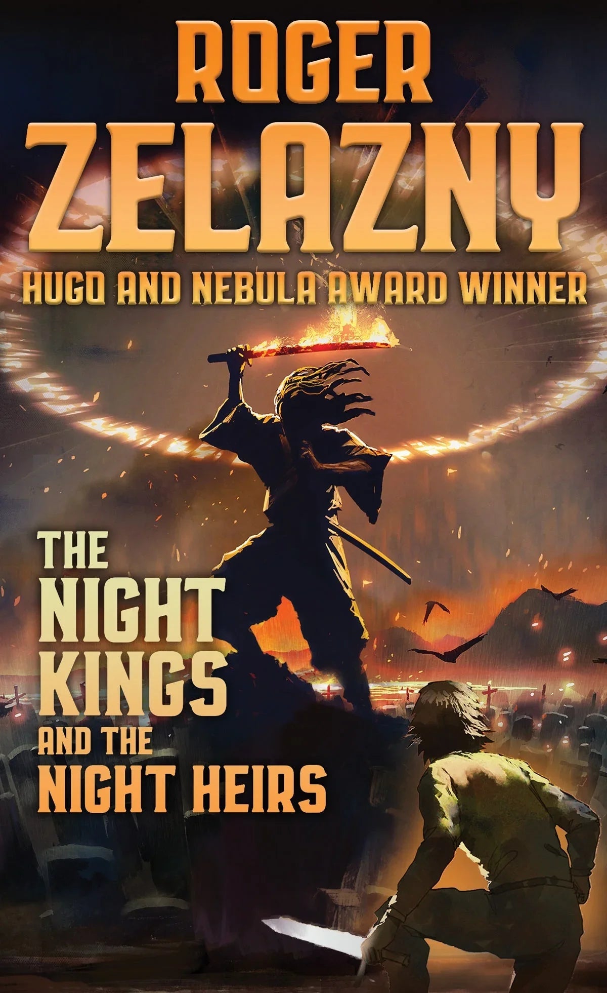 Book cover featuring a silhouetted figure atop a mountain, holding up a flaming sword that seems to pulse with a raw, dark energy.