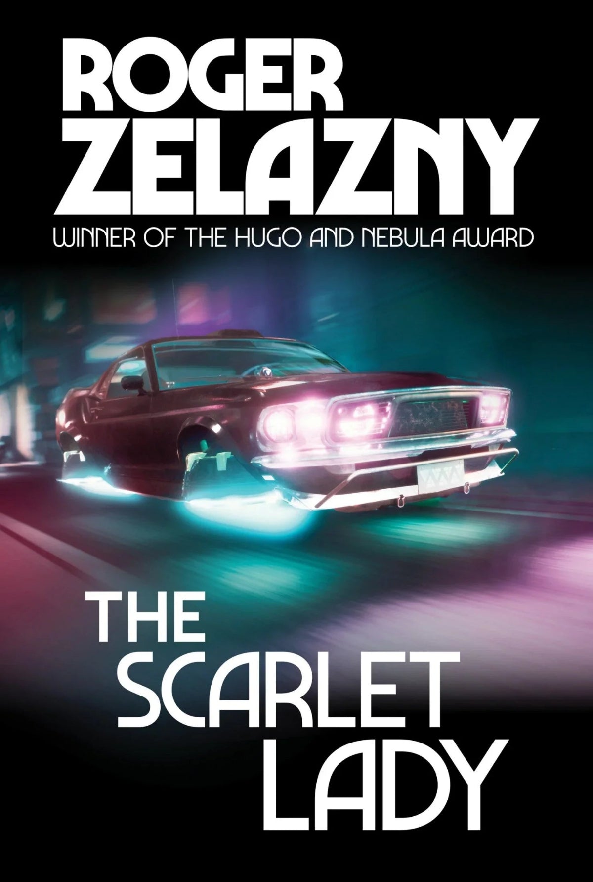 Book cover featuring a futuristic black Cadillac zooming through an industrial wasteland in the dark of night, headlights glowing ominously.