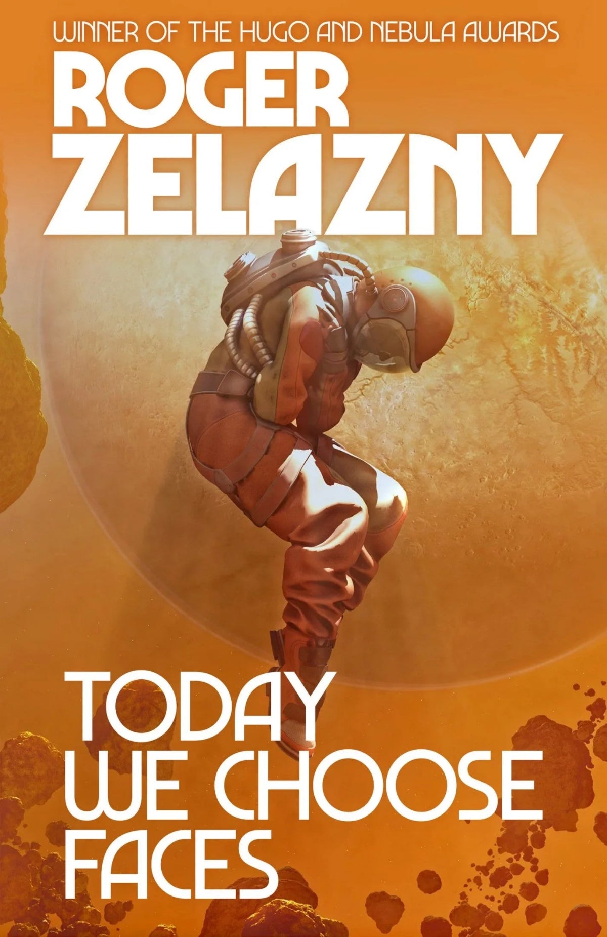 Book cover featuring an adult figure in an orange spacesuit floating mid-air in the fetal position as if suspended in utero.