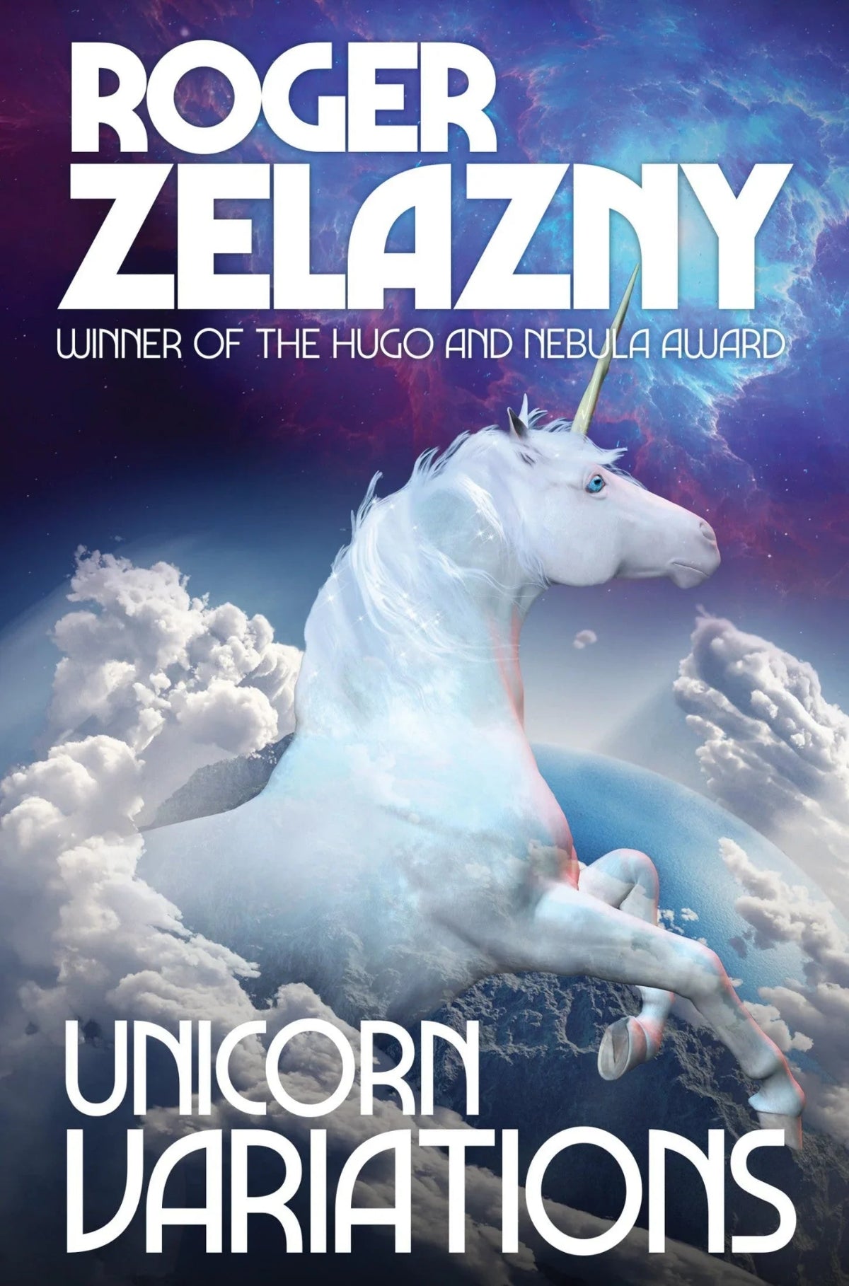 Book cover featuring an ethereal white unicorn set against a celestial backdrop of swirling clouds and deep space.